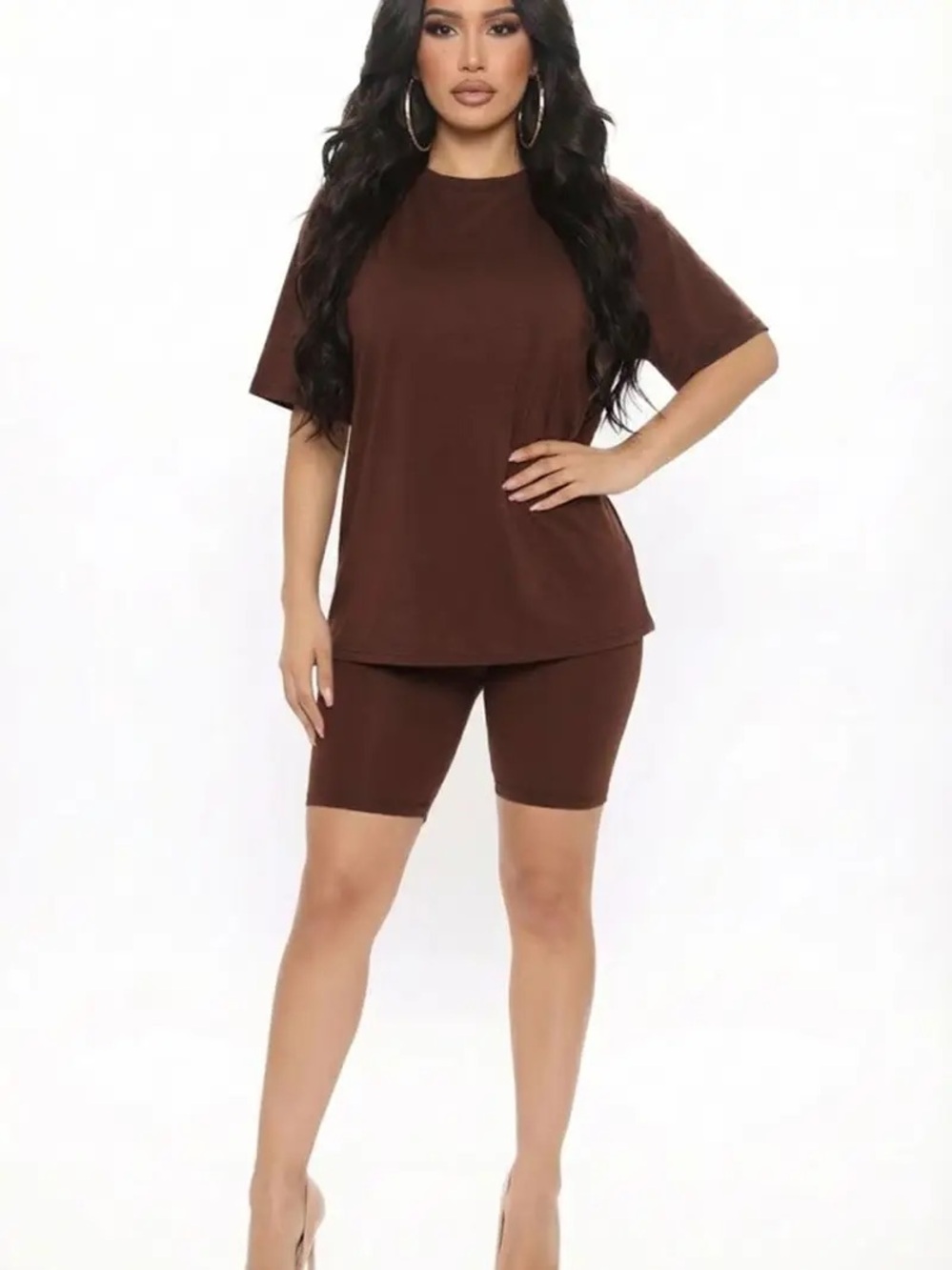 Basic Short Sleeve Top & Biker Short Set — Chocolate Brown - Picture 4 of 4